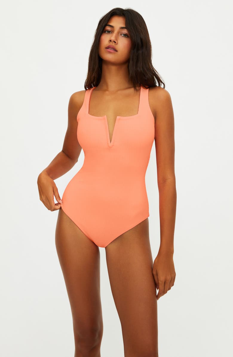 Beach Riot Tropez V-Wire Rib One-Piece Swimsuit, Alternate, color, Guava