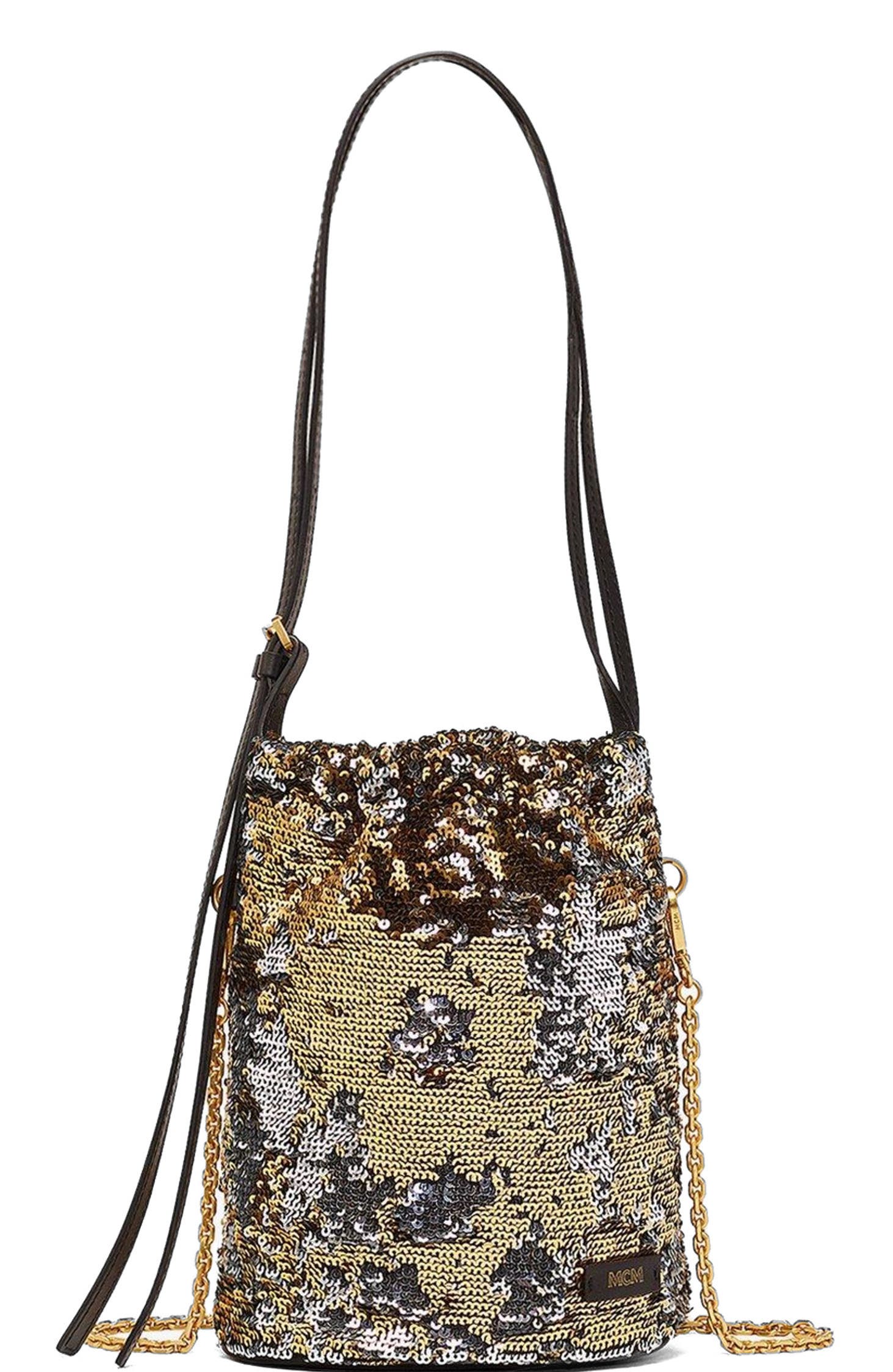 MCM Himmel Sequin Drawstring Bag, Alternate, color, Gold