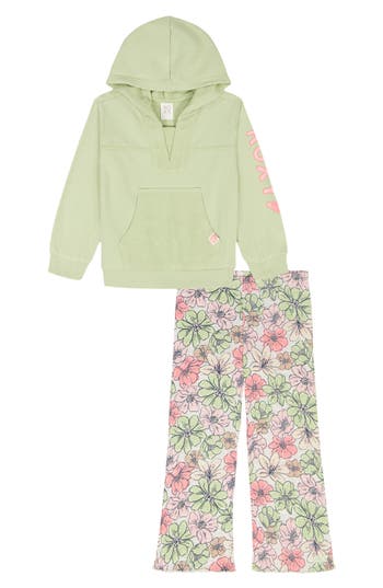 Roxy Kids' Pullover Hoodie & Floral Leggings Set In Green