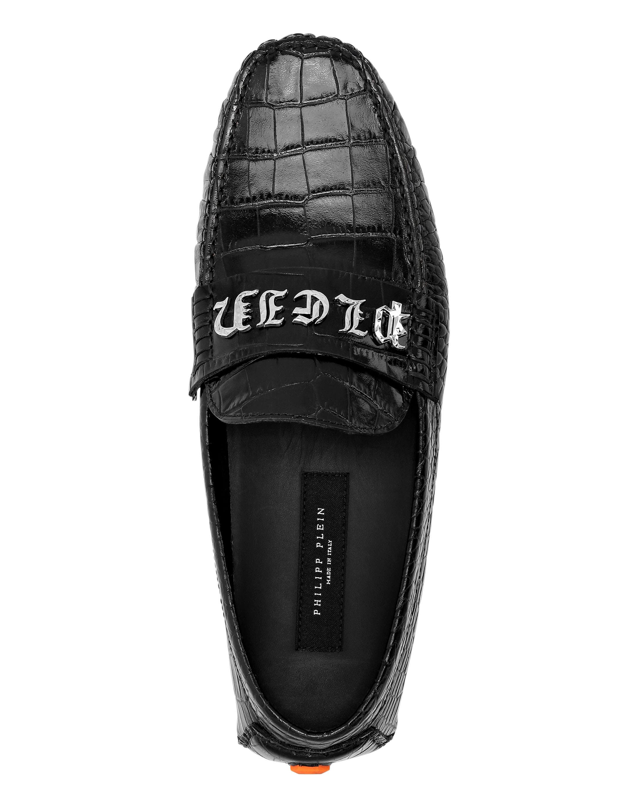 Printed Crocco Leather Drivers Shoes Men, Alternate, color, black