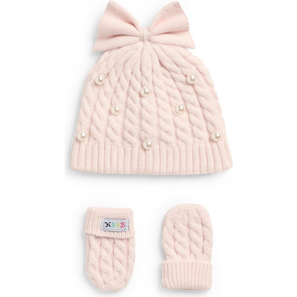 Toby Cable Knit Beanie & Mittens Set In Pink