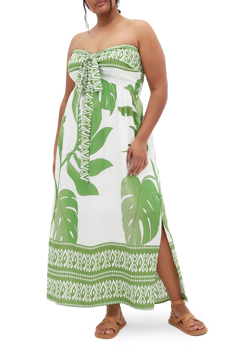 City Chic Peta Border Print Strapless Maxi Dress, Main, color, Opulent Oasis