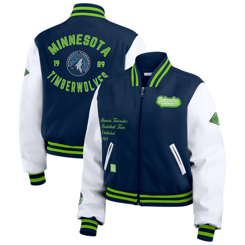 Women's WEAR by Erin Andrews Navy/White Minnesota Timberwolves Cropped Varsity Full-Zip Jacket