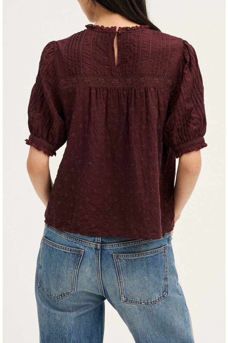 Embroidered Pintuck Crewneck Voile Top, Alternate, color, SMOKED CLARET