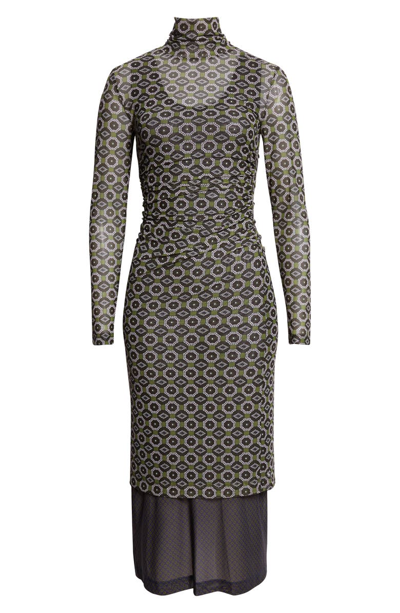 Dries Van Noten Hofes Tie Print Layered Long Sleeve Mesh Midi Dress, Alternate, color, Green