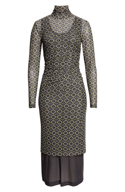 Dries Van Noten Hofes Tie Print Layered Long Sleeve Mesh Midi Dress In Multi