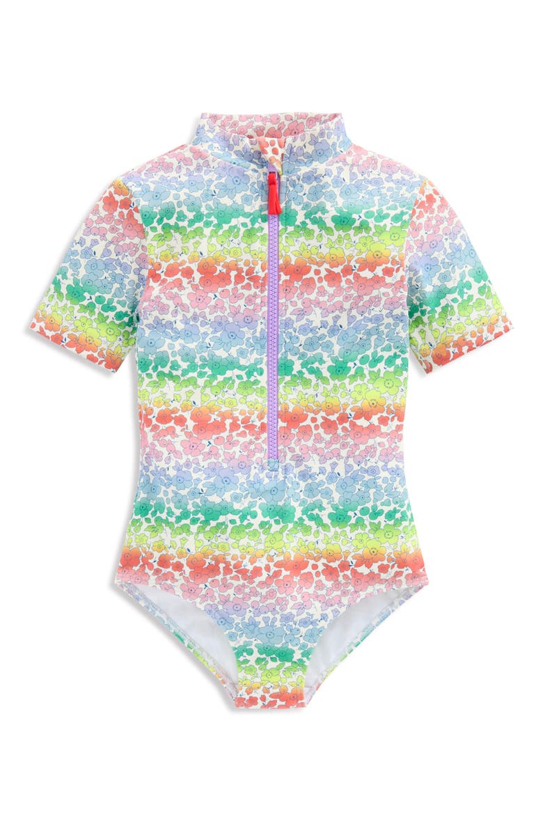 Kids' Front Zip Short Sleeve Swimsuit, Main, color, RAINBOW OMBRE FLOWERBED