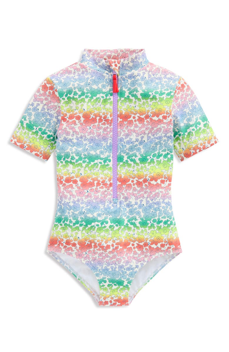 Mini Boden Kids' Front Zip Short Sleeve Swimsuit, Main, color, Rainbow Ombre Flowerbed