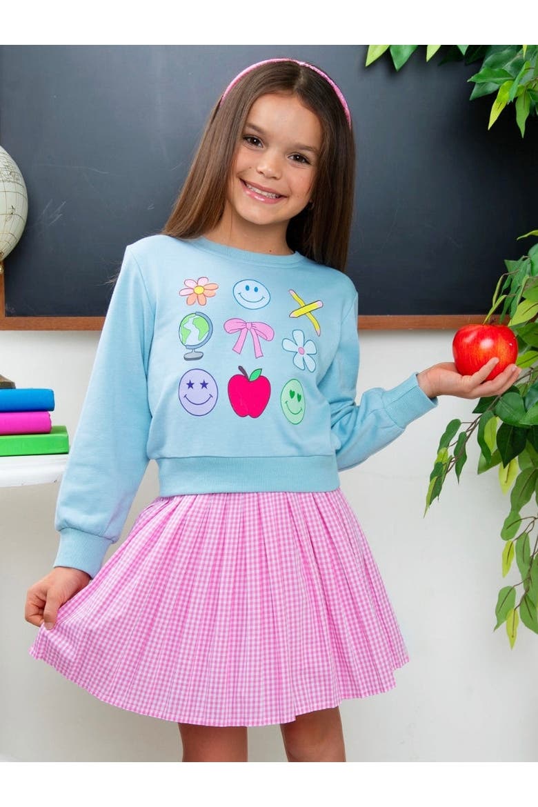 Happy School Days Sweatshirt and Gingham Skirt Set, Alternate, color, Blue