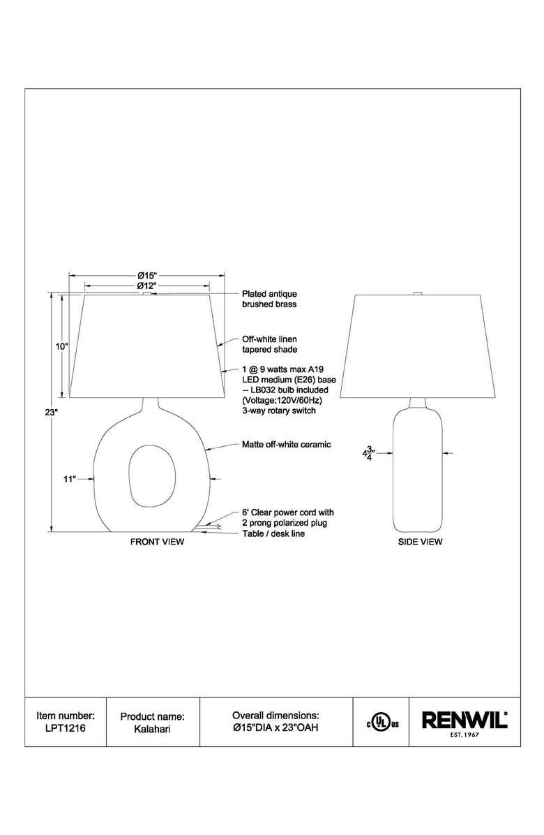 Renwil Kalahari Ceramic Table Lamp, Alternate, color, Matte Off-White