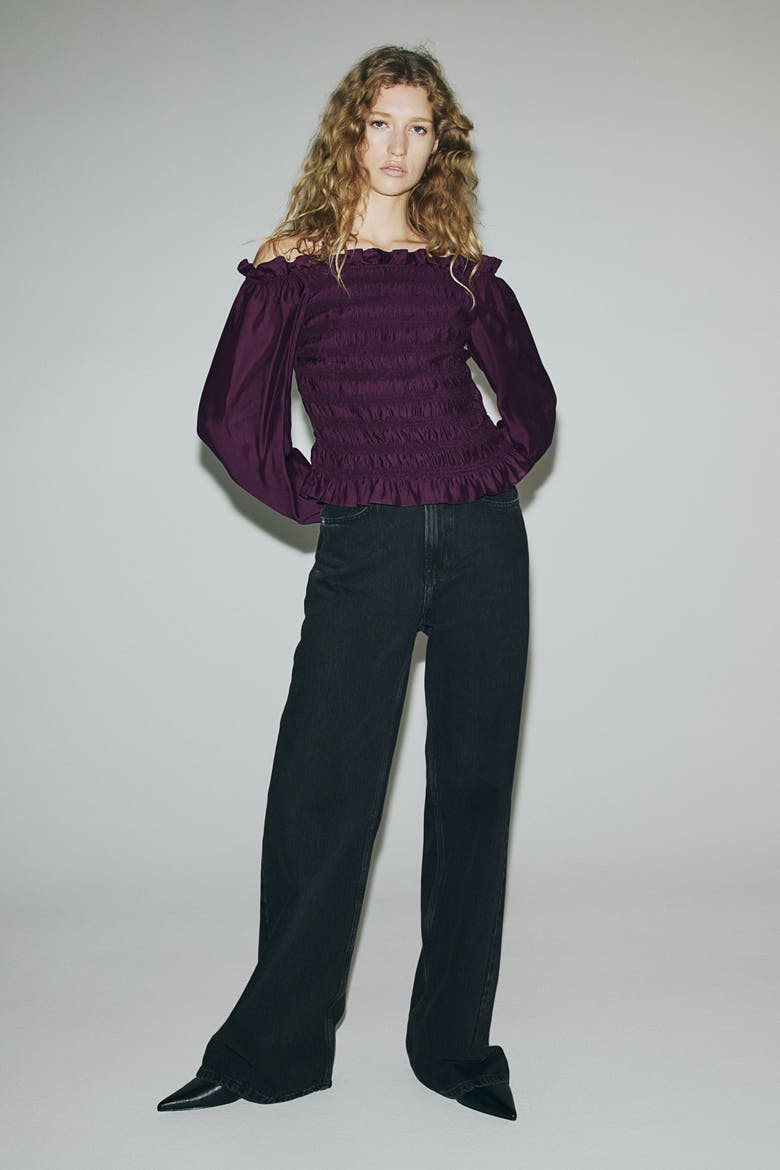 Smocked Off-the Shoulder Blouse, Alternate, color, Plum purple