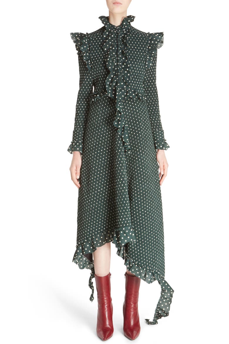 High Neck Frilled Polka Dot Dress, Alternate, color, GREEN