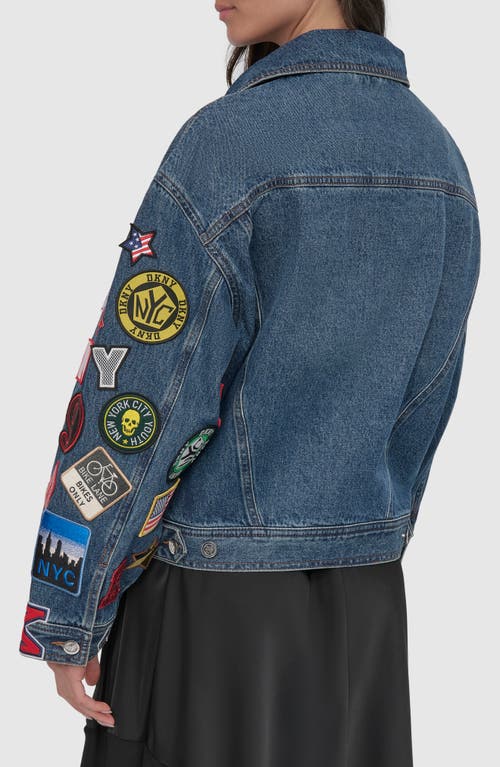 Shop Dkny Patch Detail Denim Trucker Jacket In Ludlow Wash
