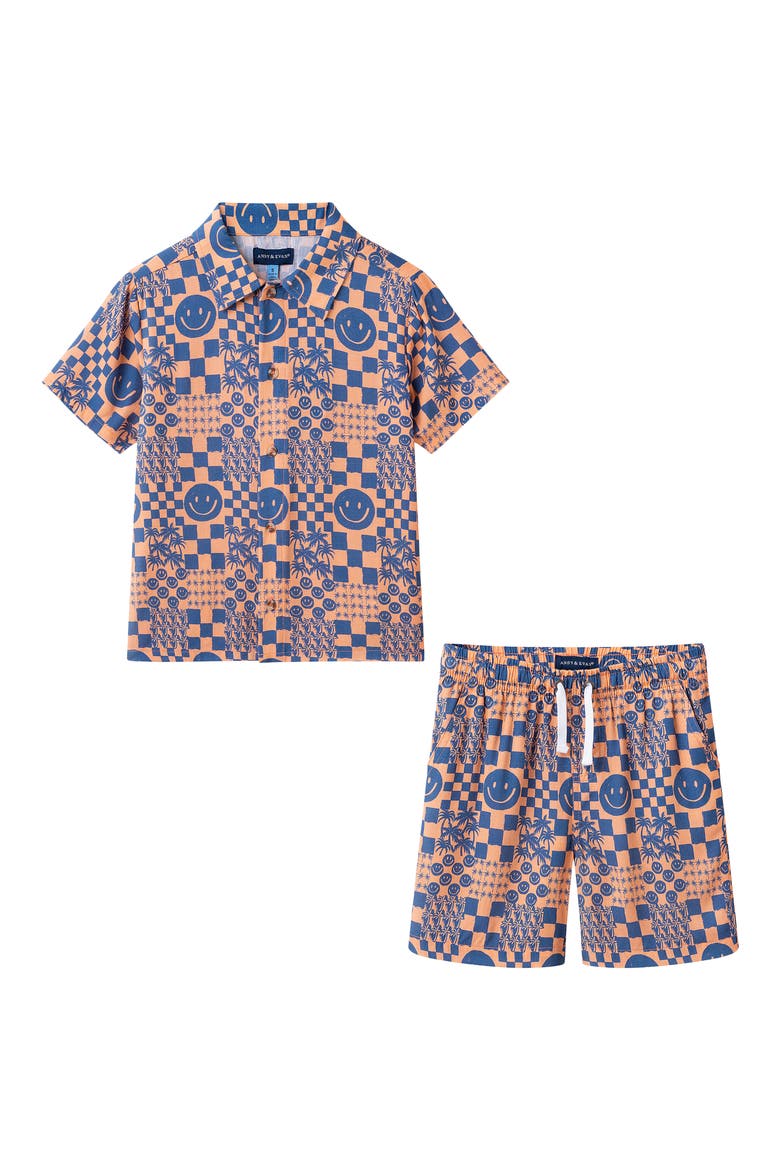 Kids' Short Sleeve Button-Up Shirt & Shorts Set, Main, color, ORANGE SMILEY