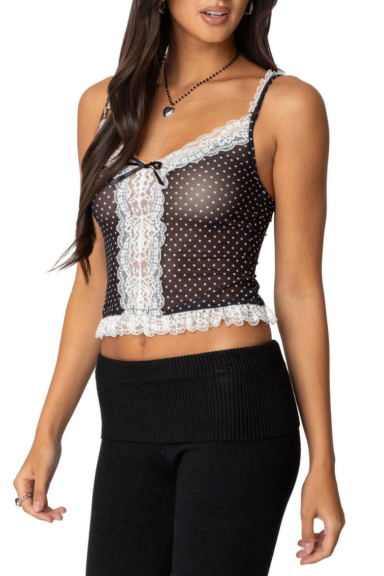 Polka Dot Lace Trim Mesh Camisole, Alternate, color, BLACK-AND-WHITE