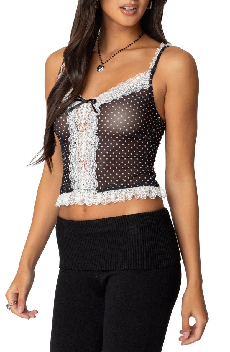 EDIKTED Polka Dot Lace Trim Mesh Camisole, Alternate, color, Black-And-White