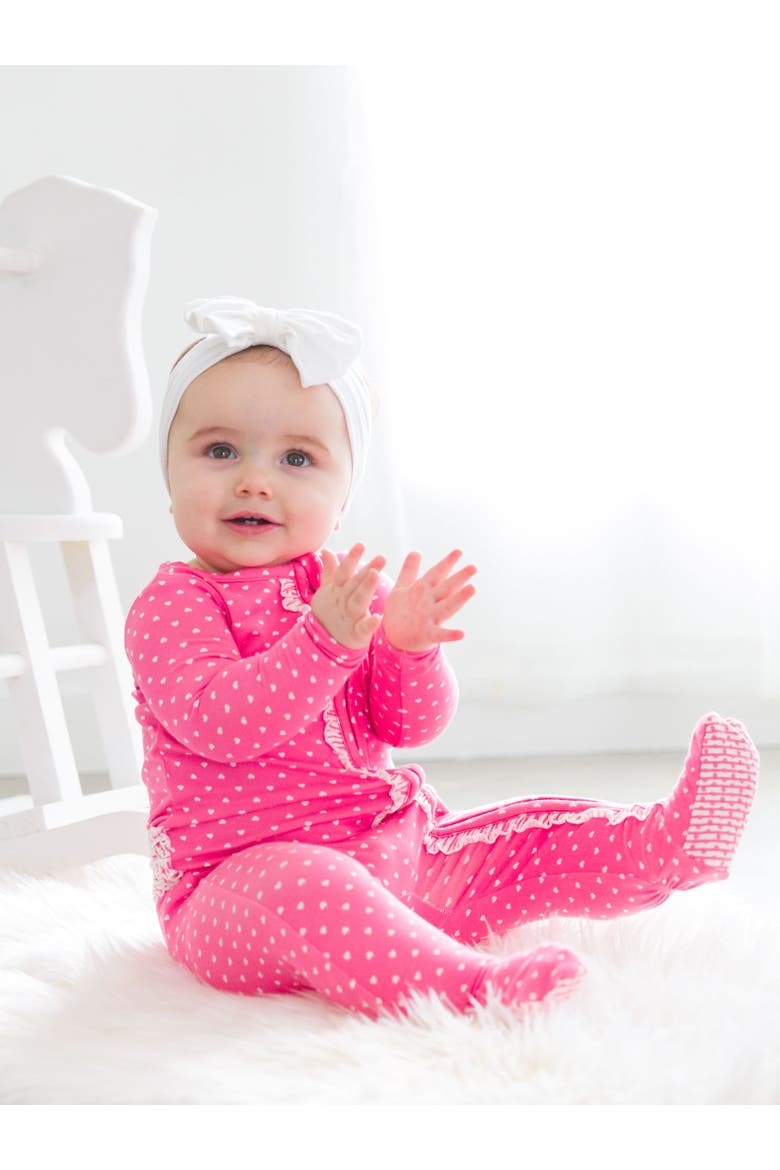 SoftSnooze Baby Girls Ruffle One Piece Footie Pajamas, Alternate, color, Hot Pink Heart Polka Dot