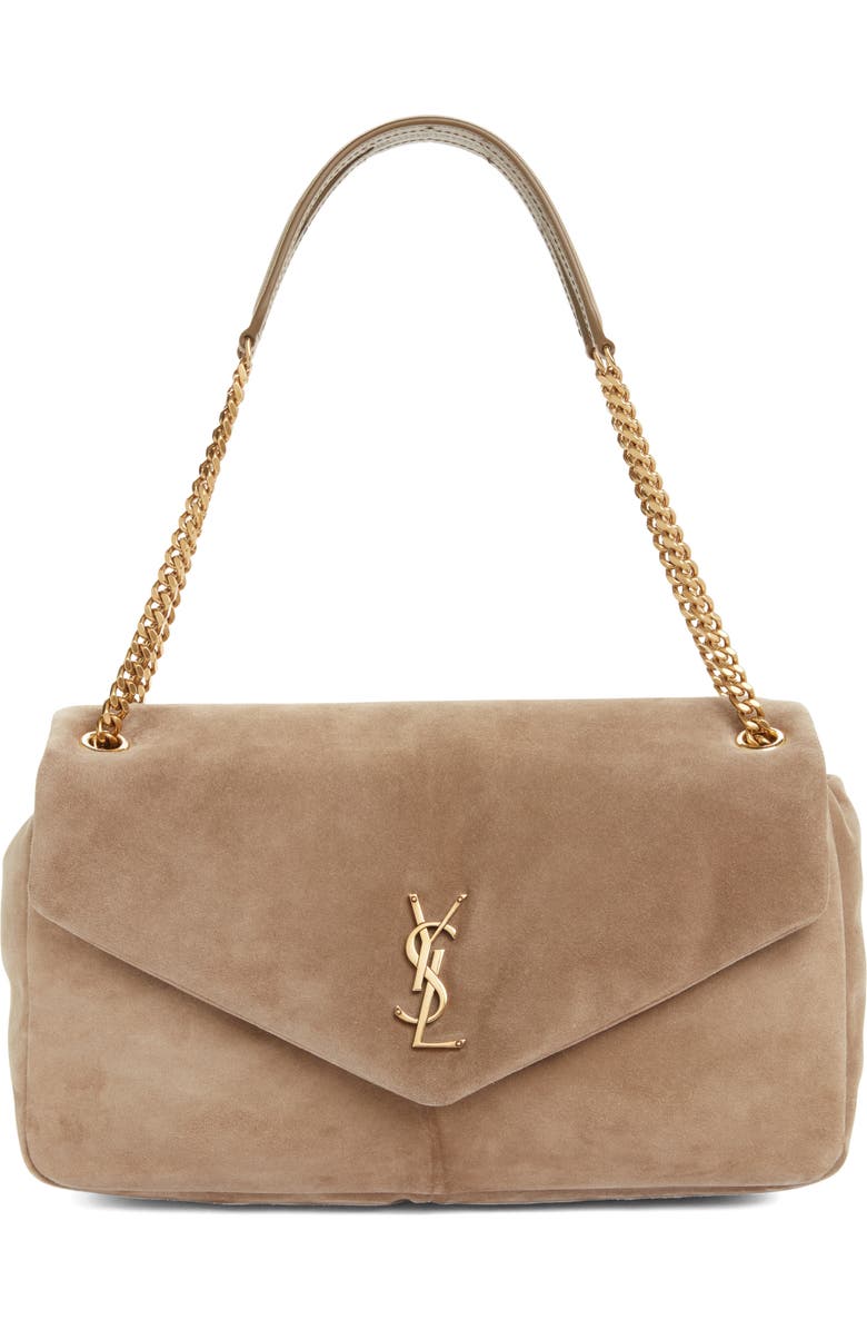Saint Laurent Large Calypso Suede Shoulder Bag, Main, color, Dry Grain