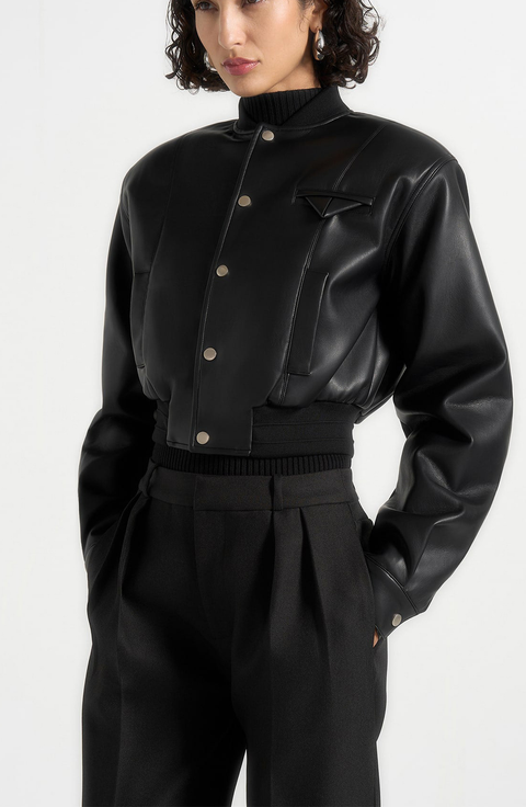 Zina Leather Wide Shoulder Bomber Jacket