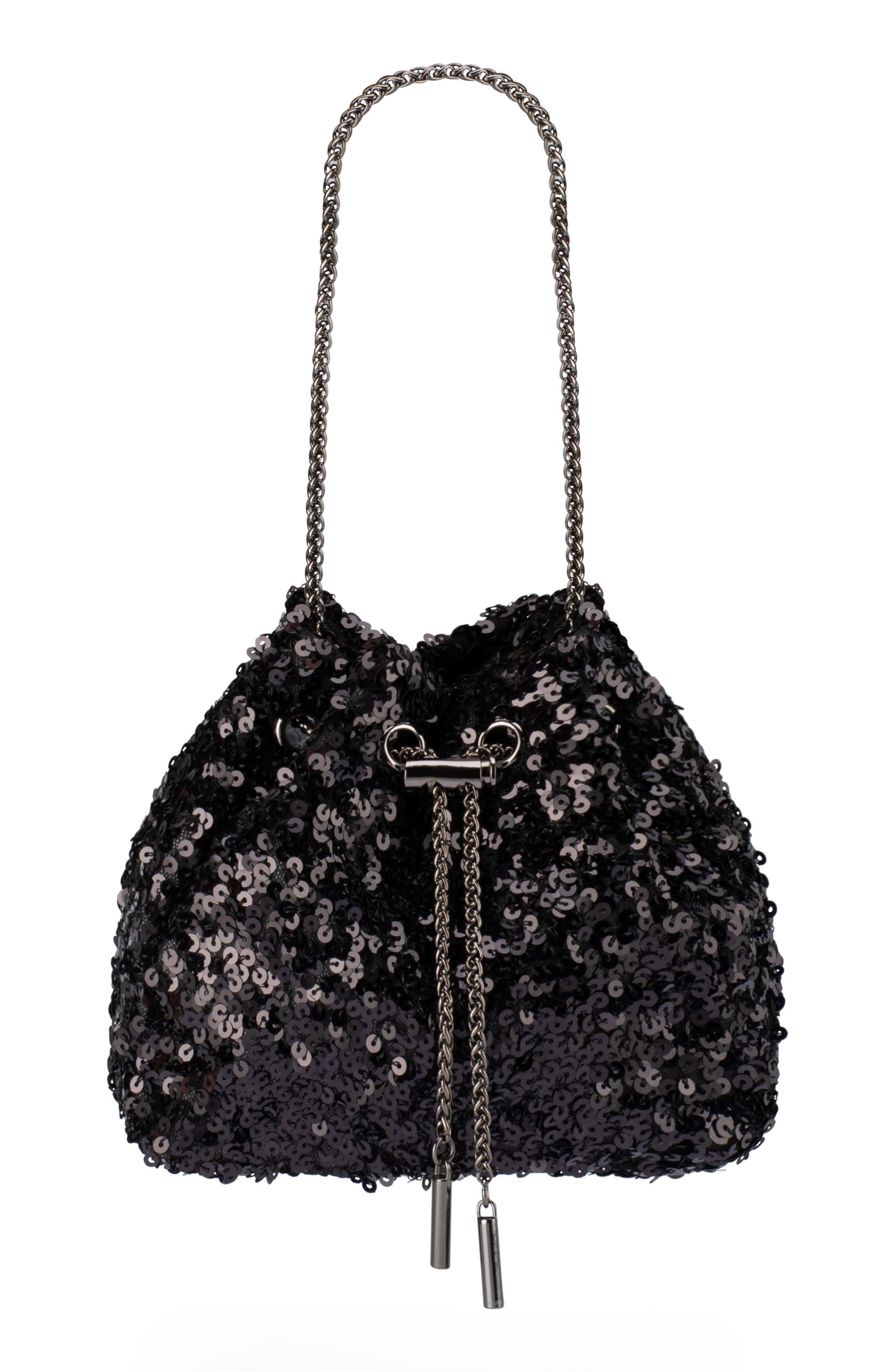 Olga Berg Ilana Sequin Drawstring Clutch, Main, color, Black