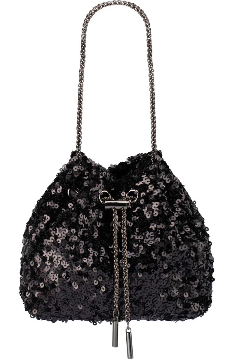 Olga Berg Ilana Sequin Drawstring Clutch, Main, color, Black