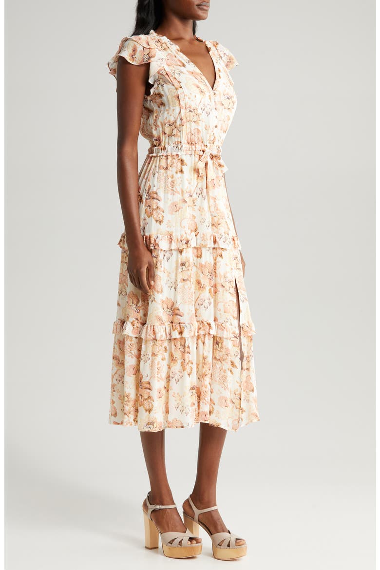 Rozlyn Floral Tiered Silk Midi Dress, Alternate, color, CREAM MULT