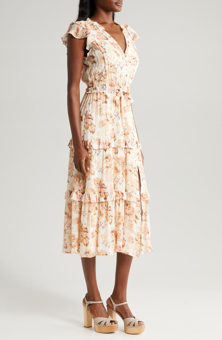 PAIGE Rozlyn Floral Tiered Silk Midi Dress, Alternate, color, Cream Mult