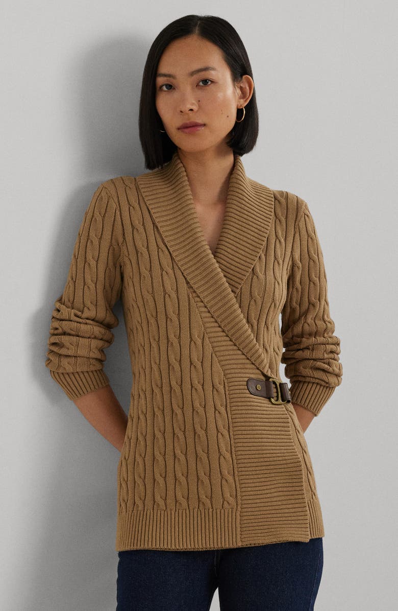 Lauren Ralph Lauren Cable Stitch Cotton Wrap Cardigan, Alternate, color, Classic Camel