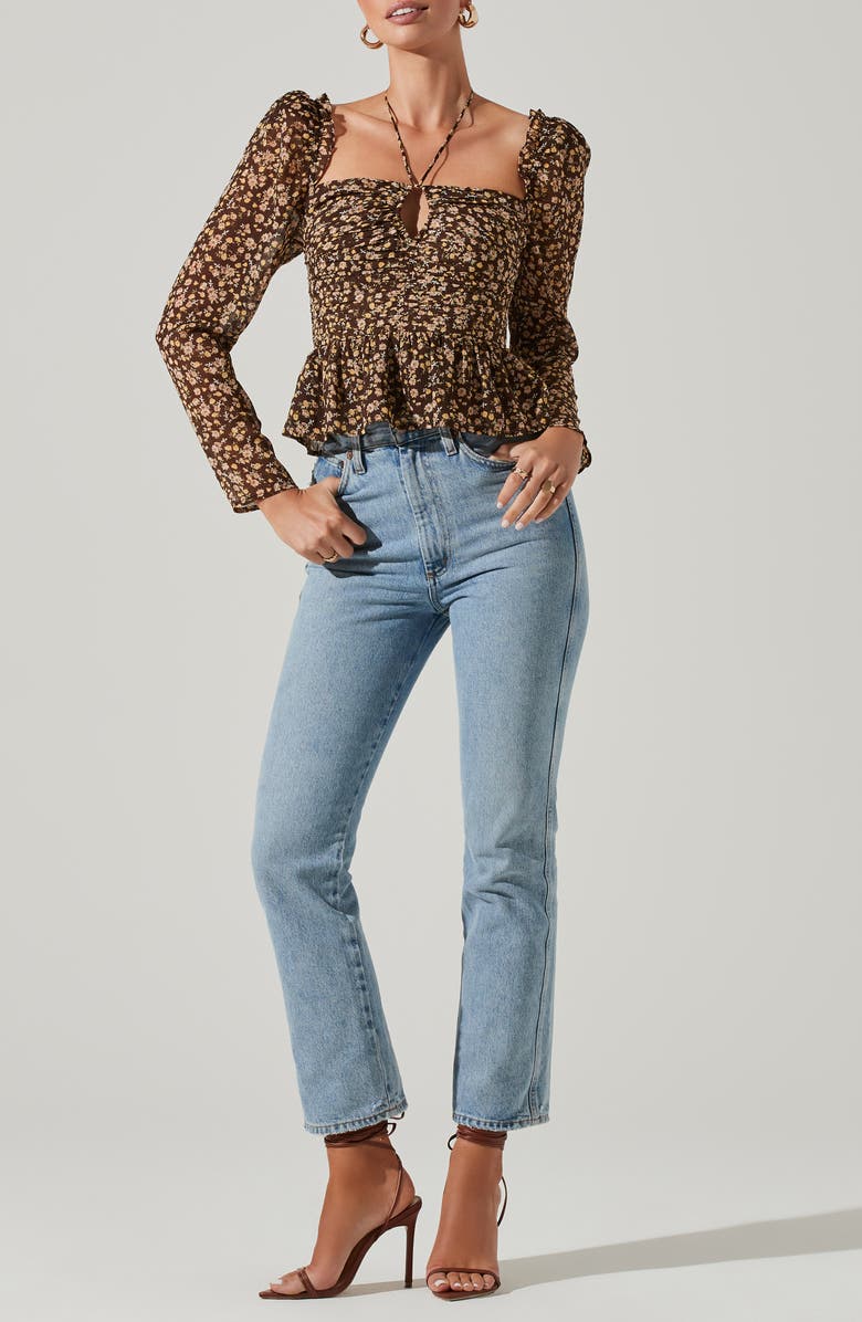 ASTR the Label Toni Tie Neck Peplum Top, Alternate, color, Brwn Yl Di