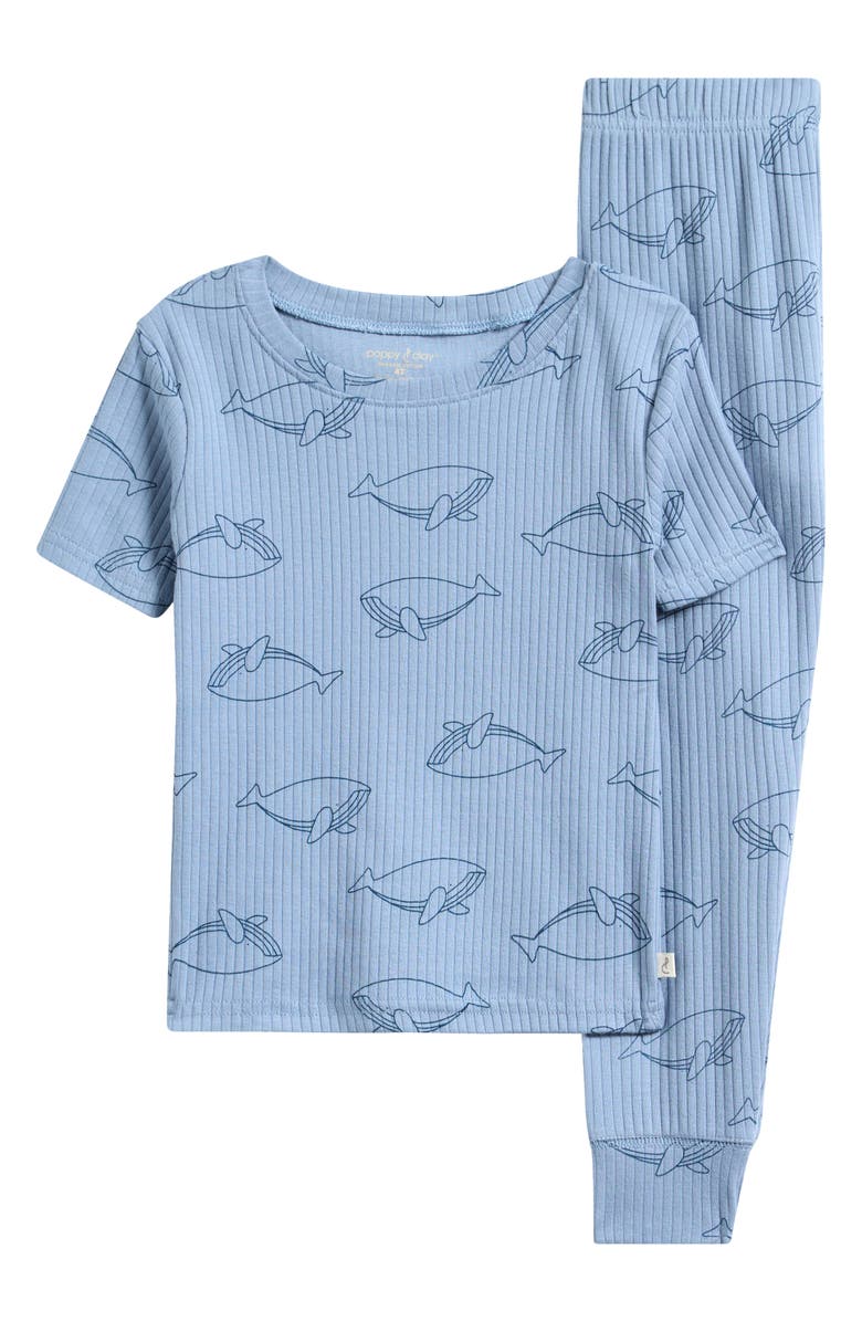 Poppy & Clay Kids' Harmony Rib Fitted Two-Piece Pajamas, Main, color, Blue Ground Whales