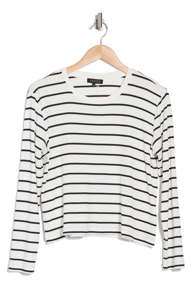 1.STATE Stripe Long Sleeve Ribbed Crop T-Shirt, Alternate, color, New Ivory