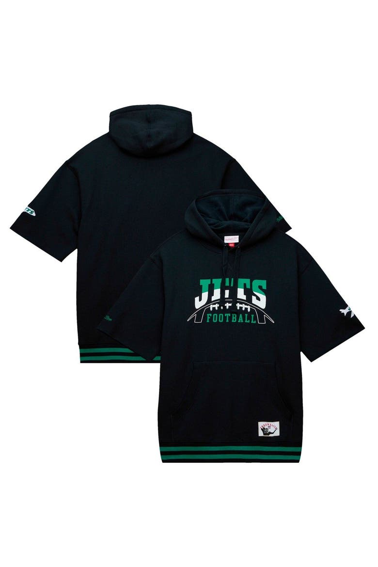 Men's Mitchell & Ness Black New York Jets Pre-Game Short Sleeve Pullover Hoodie, Main, color, Black