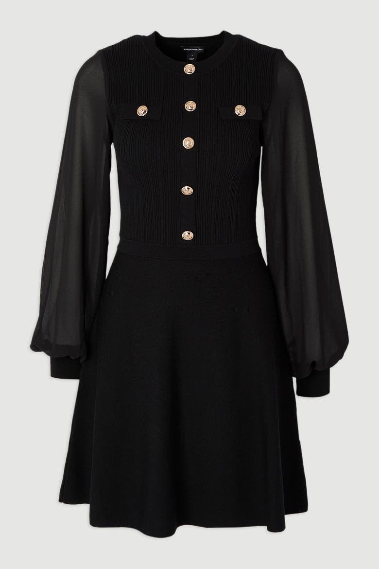 Chiffon Sleeve Military Mini Knit Dress, Alternate, color, Black