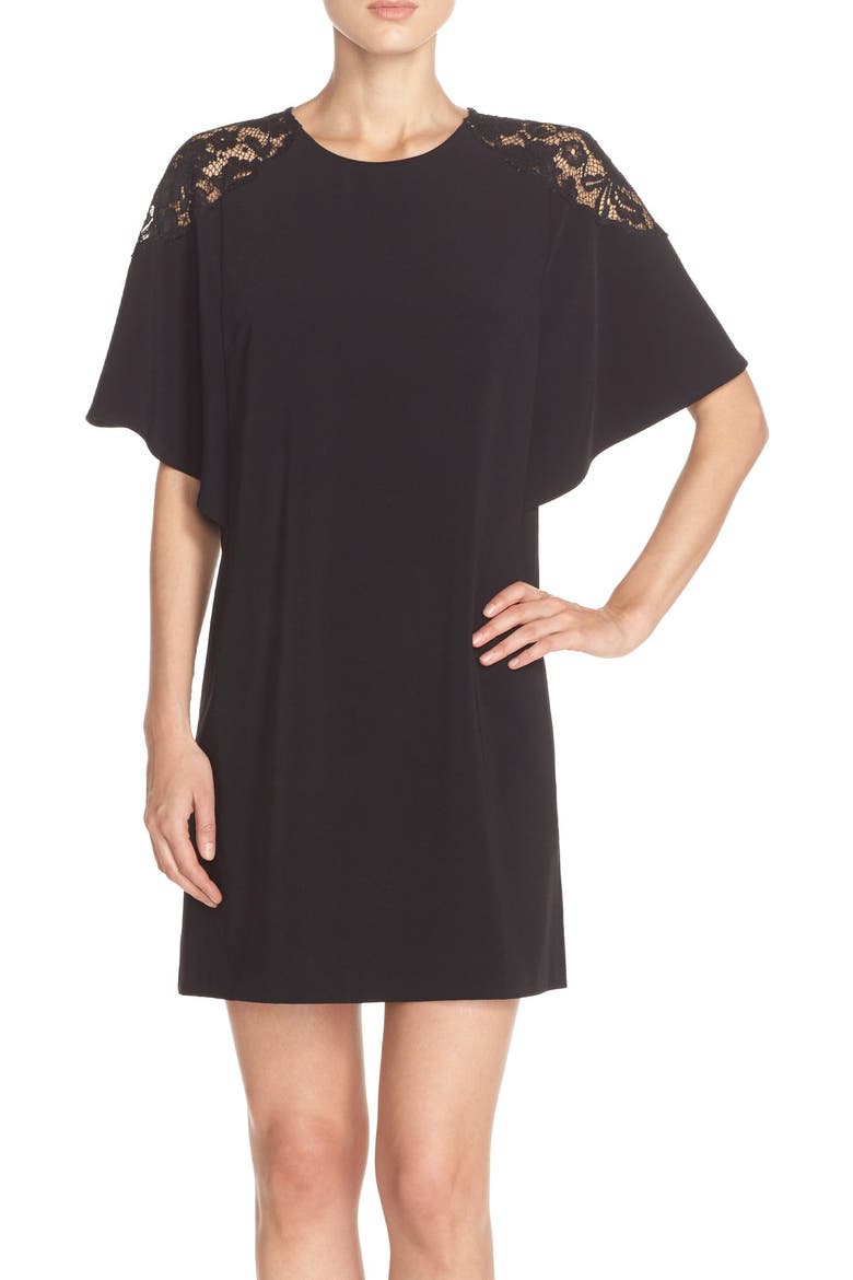 Lace Shoulder Crepe A-Line Dress, Main, color, BLACK