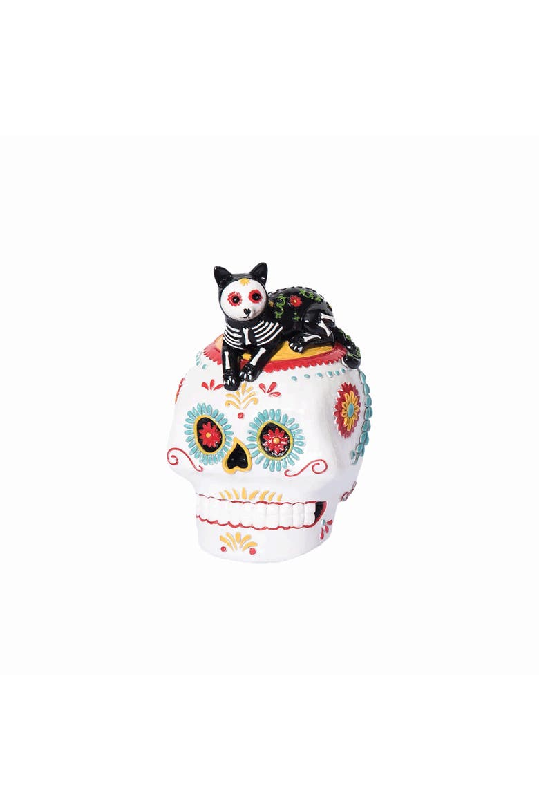 Laying Down Festive Feline Cat Sugar Skull Decorative Tabletop Table Figure Figurine, Main, color, White