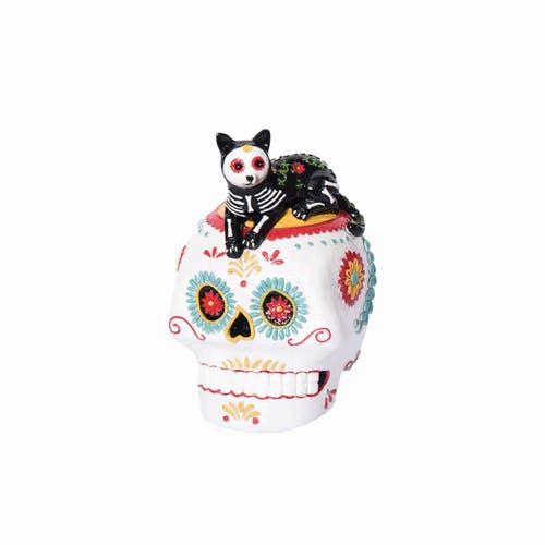 Gallerie Ii Laying Down Festive Feline Cat Sugar Skull Decorative Tabletop Table Figure Figurine In White
