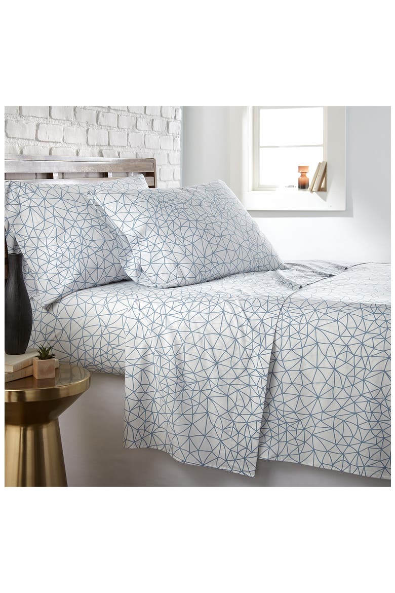 Queen Sized Modern Printed Sheet Set - Blue /White, Alternate, color, GEOMETRIC MAZE - WHILE / BLUE
