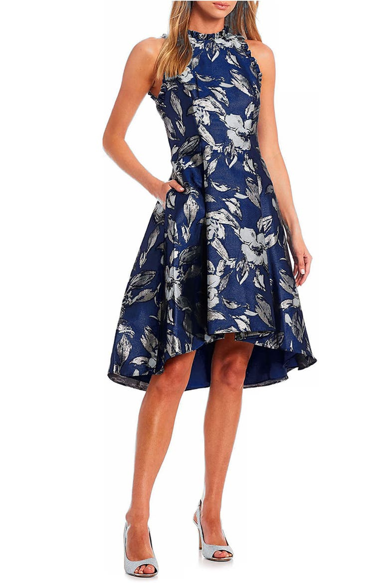 Ruffle Jacquard High-Low Cocktail Dress, Main, color, ROYAL/ DUSTY BLUE