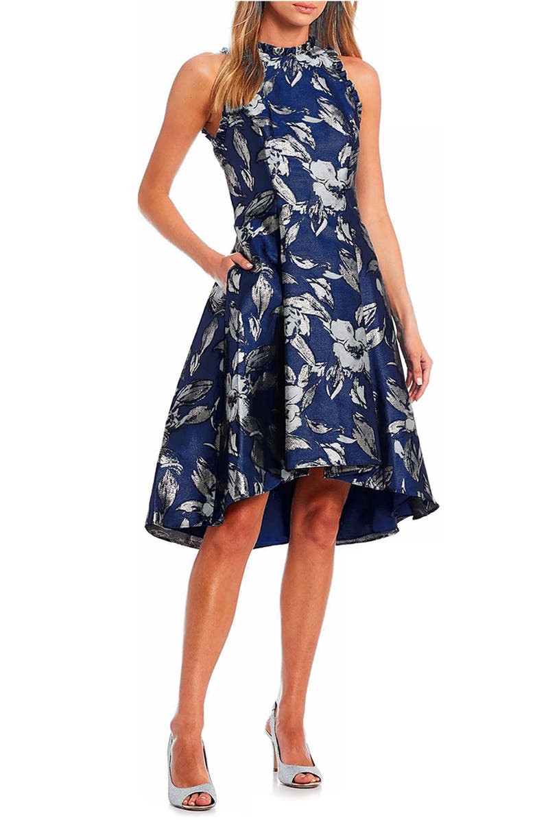 Adrianna Papell Ruffle Jacquard High-Low Cocktail Dress, Main, color,