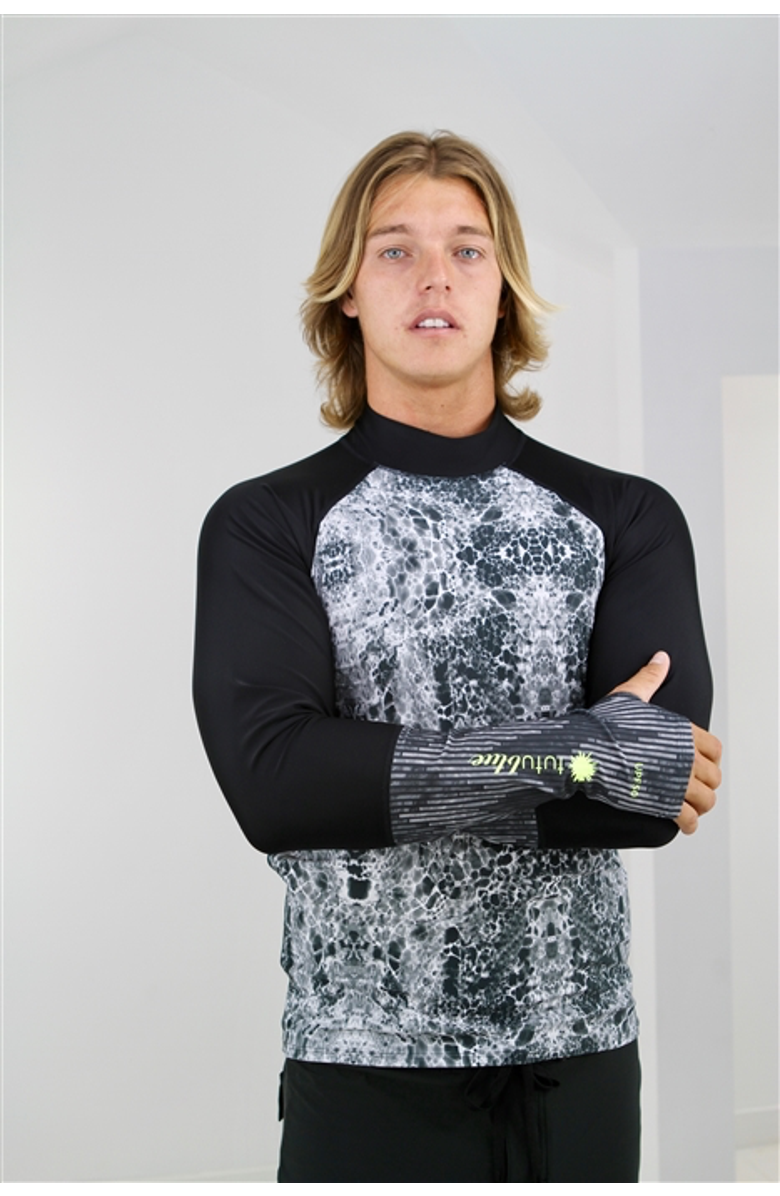TUTUBLUE Men's Pullover Rash Guard Swim Top - UPF 50+, Alternate, color, Black & White