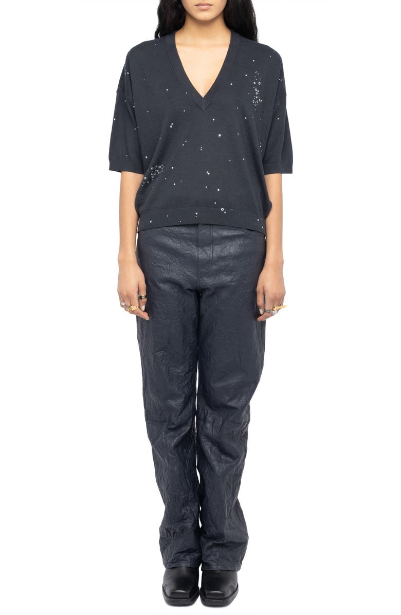 Zadig & Voltaire Wully Lico Embellished Linen Blend V-Neck Sweater, Alternate, color, Stone