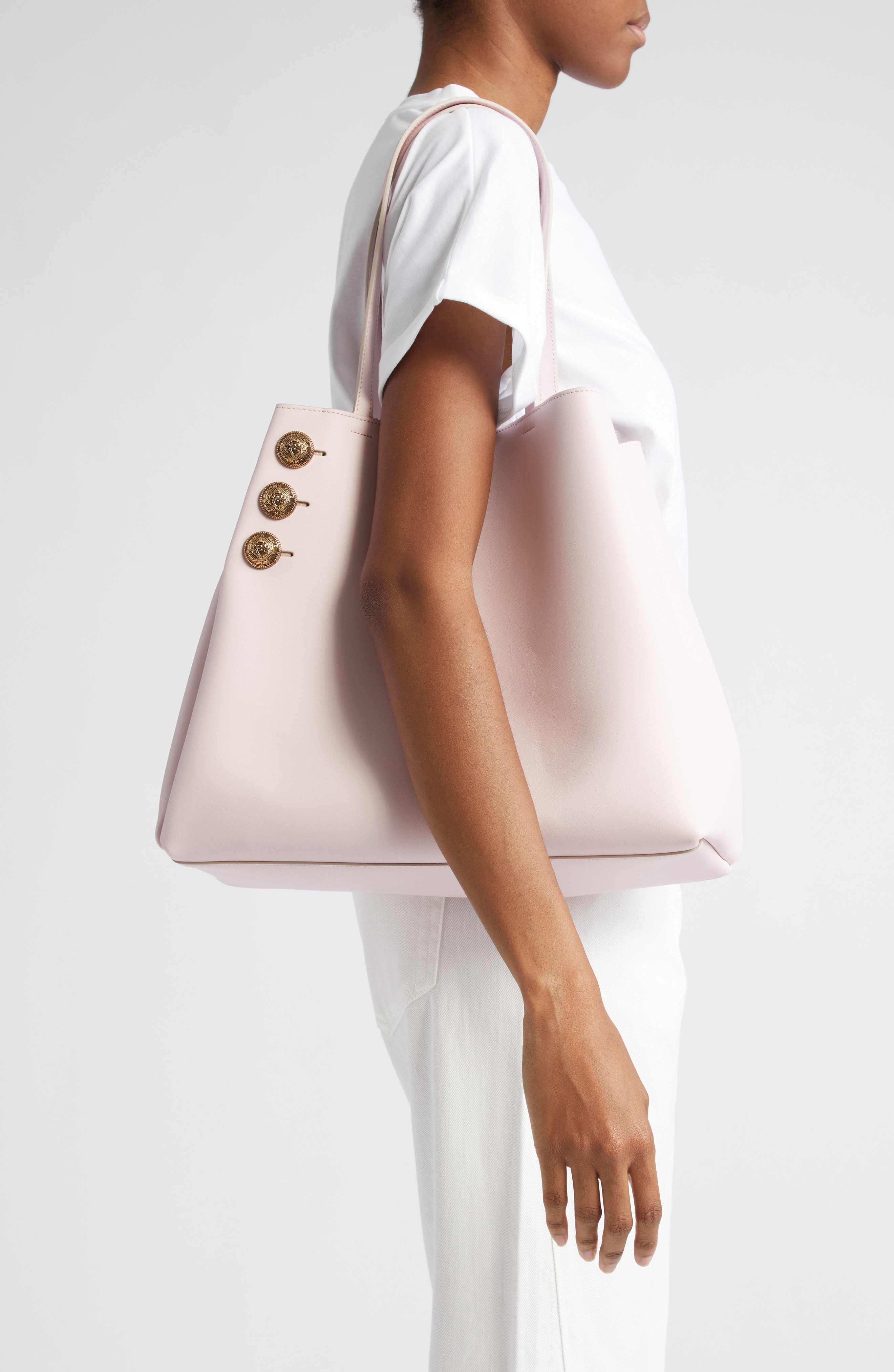 Balmain Emblem Crest Button Calfskin Shopper, Alternate, color, 4Ak Pale Pink