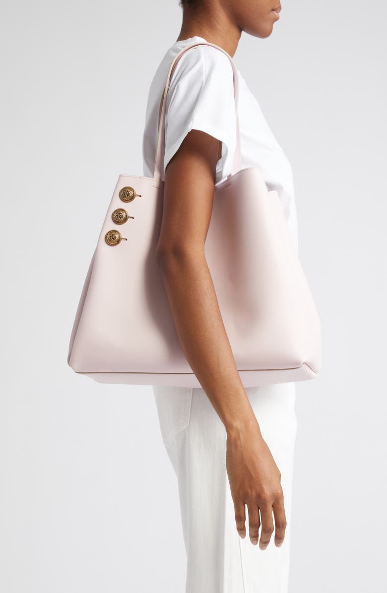 Balmain Emblem Crest Button Calfskin Shopper, Alternate, color, 4Ak Pale Pink
