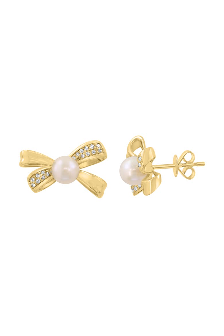 14K Yellow Gold Diamond Fresh Water Pearl Bow Earrings, Alternate, color, 14K Gold
