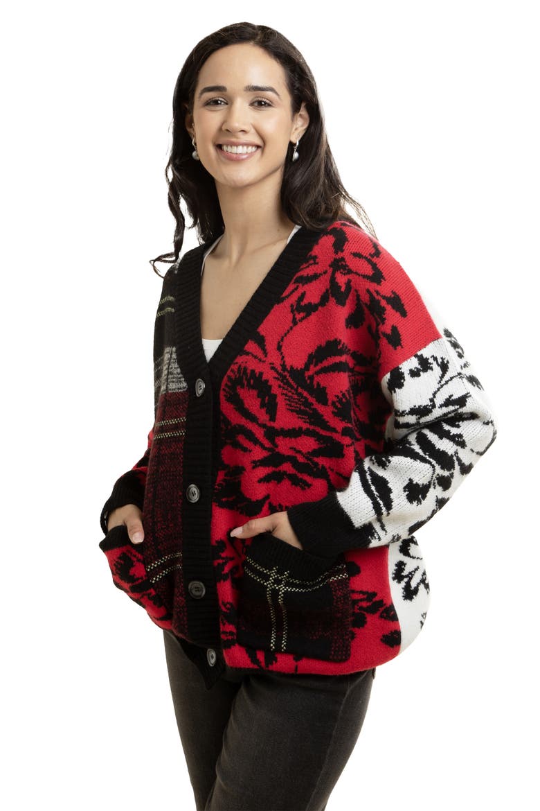Floral Plaid Colorblock Cardigan, Alternate, color, BLACK