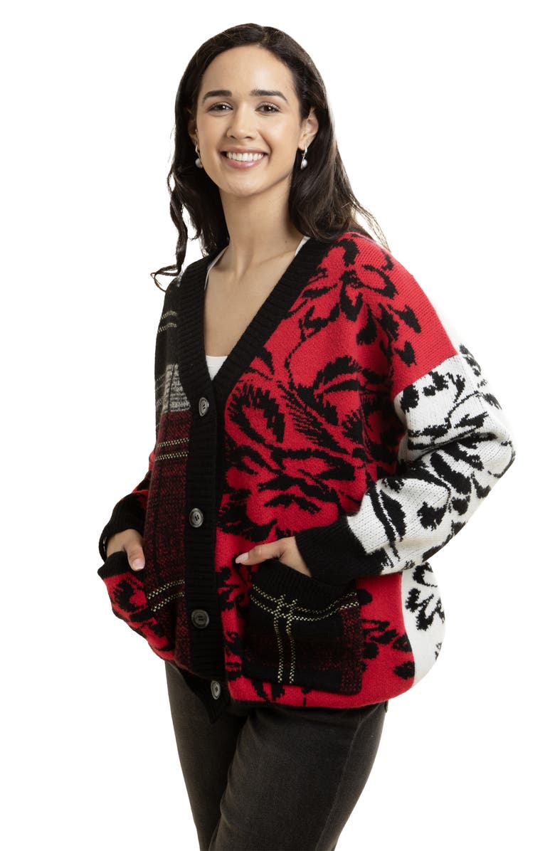SAACHI Floral Plaid Colorblock Cardigan, Alternate, color, Black
