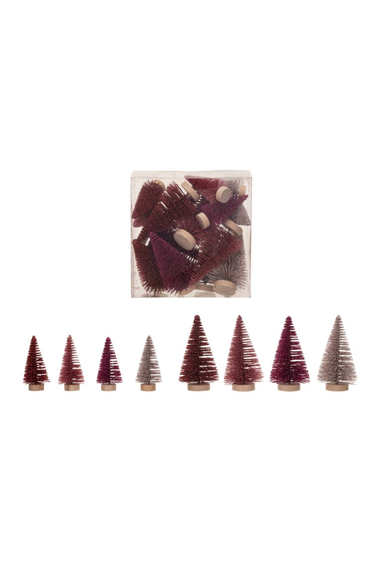Sisal Bottle Brush Trees with Wood Bases, Burgundy & Pink, Set of 16, Main, color, Burgundy & Pink