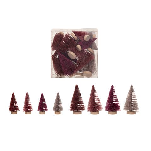 Sisal Bottle Brush Trees with Wood Bases, Burgundy and Pink, Set of 16