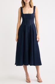 Odd Muse Square Neck Cotton Blend Denim Midi Dress