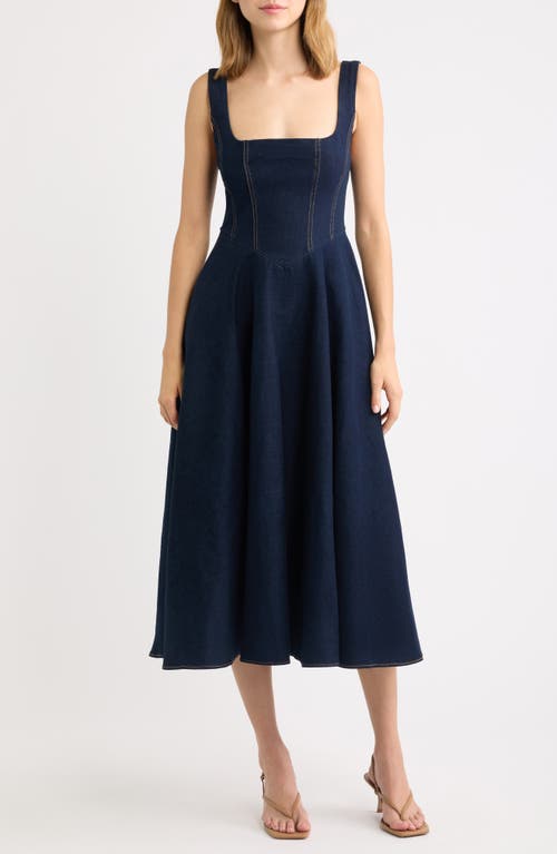 Odd Muse Square Neck Cotton Blend Denim Midi Dress in Dark Blue at Nordstrom, Size Medium